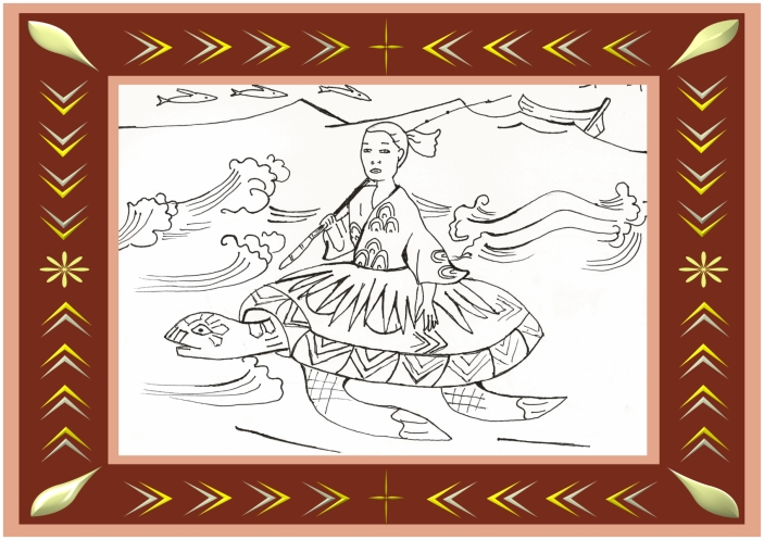 Urashima starts his journey on the turtle